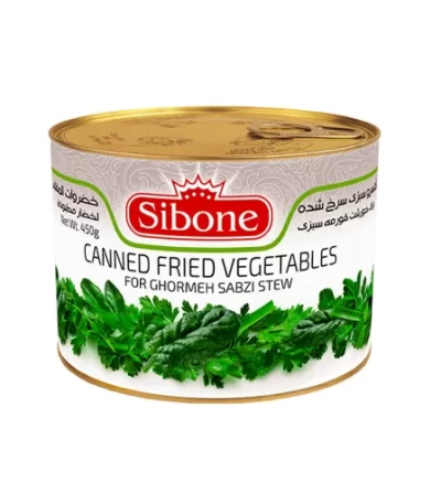 کنسرو سبزی سرخ‌شده قرمه‌سبزی سیبون – ترکیب آماده سبزی‌های سنتی برای پخت سریع خورش ایرانی