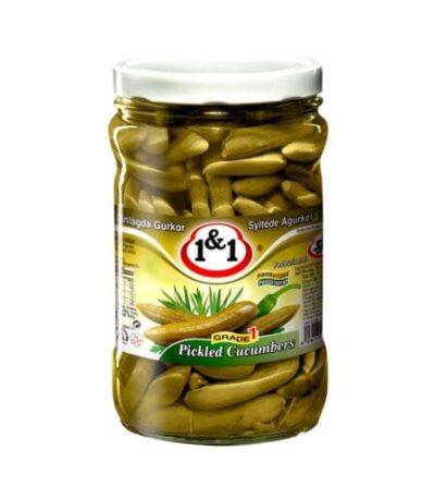 خیارشور مینی ممتاز ۱&۱ در بسته‌بندی شیشه‌ای ۶۹۰ گرمی – ترد، خوش‌طعم و یکدست