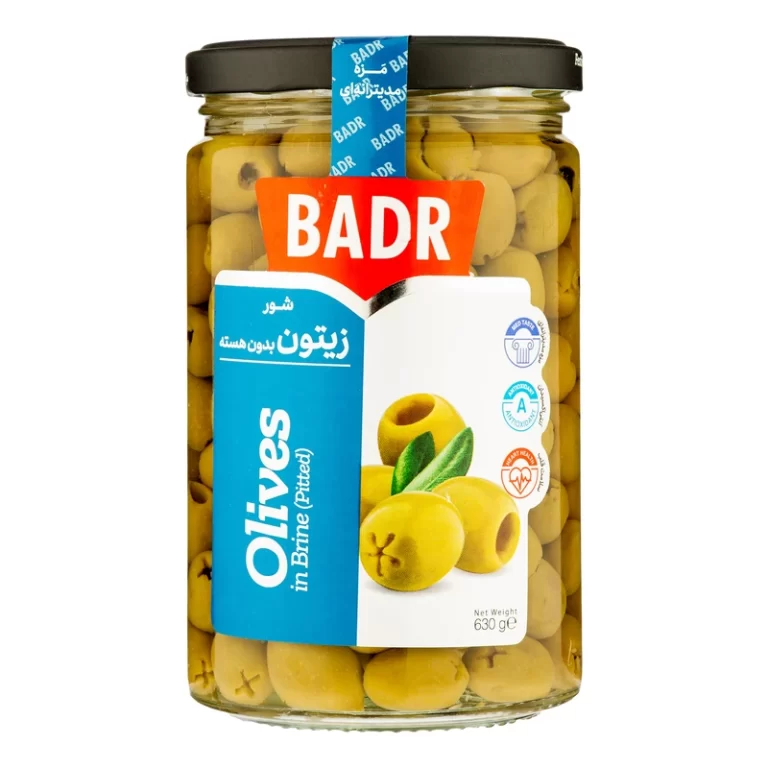 شیشه زیتون شور بدون هسته بدر ۶۸۰ گرمی – زیتون سبز خوش‌طعم و آماده مصرف