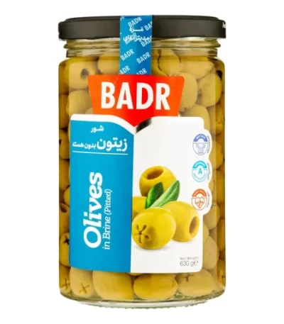 شیشه زیتون شور بدون هسته بدر ۶۸۰ گرمی – زیتون سبز خوش‌طعم و آماده مصرف