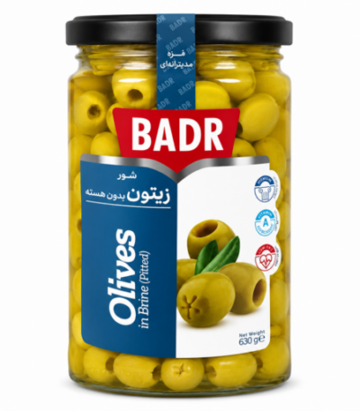 Badr pitted green olives in brine 630g jar